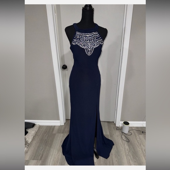 B Darlin Navy Maxi Dress with Embellished Neckline - Picture 6 of 9